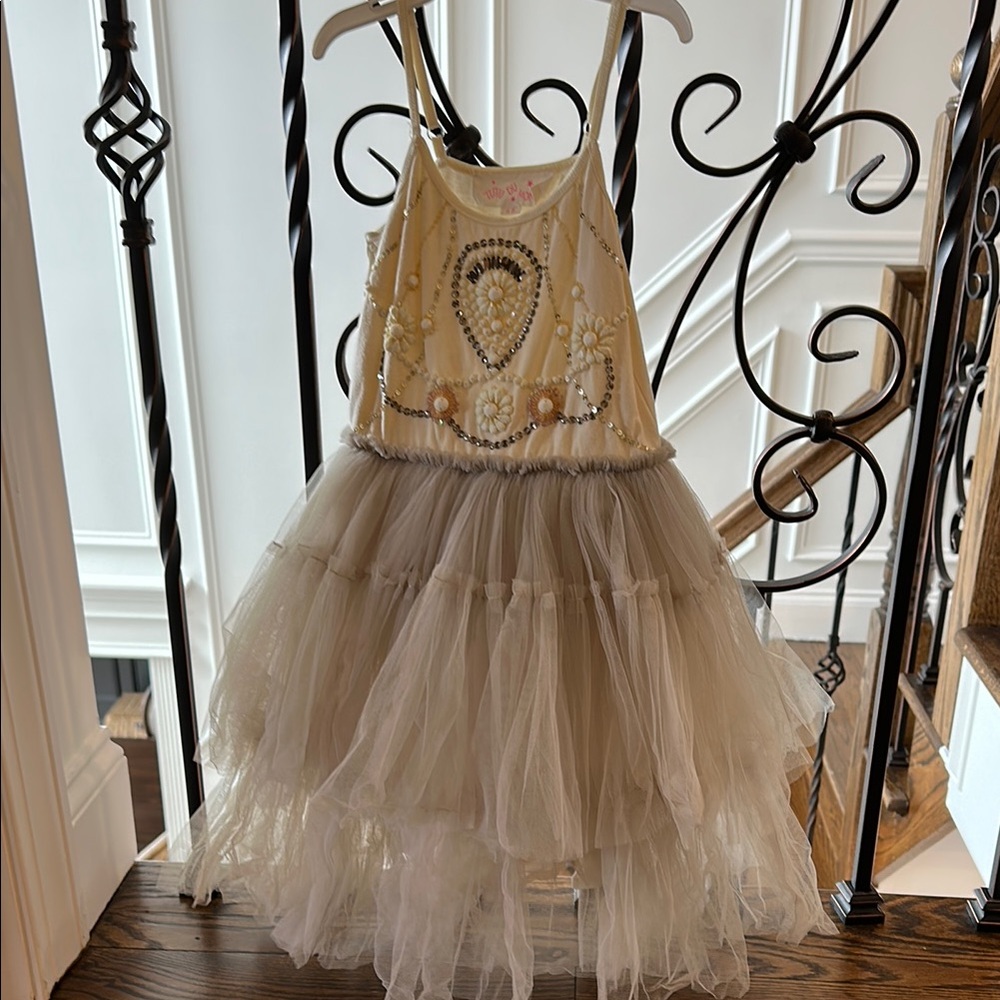 Cream and Tan Embellished Tulle Dress